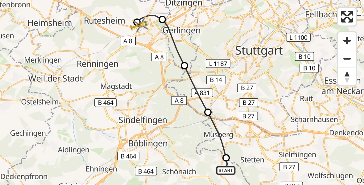 Flugroute Rettungshubschrauber Steinenbronn - Leonberg Hospital, 30 April 2026, 16:58
