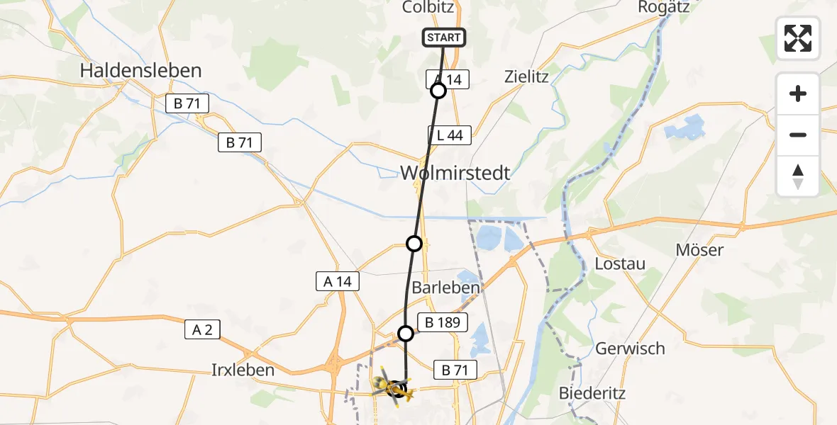Flugroute Rettungshubschrauber Colbitz - Magdeburg Hospital, 30 April 2026, 17:01