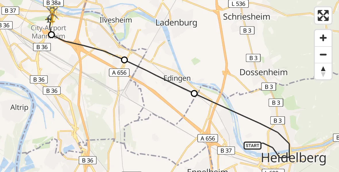 Flugroute Rettungshubschrauber Heidelberg - Mannheim-City Flughafen, 30 April 2026, 17:04