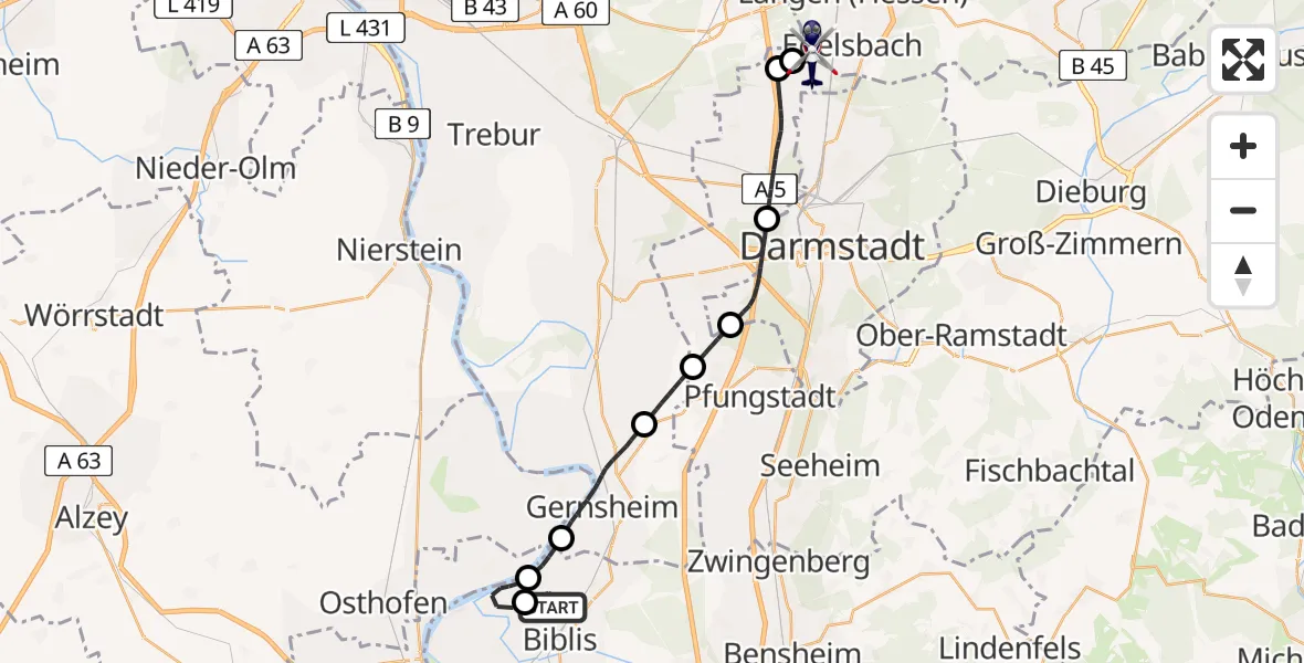 Flugroute Polizeihubschrauber Groß-Rohrheim - Flughafen Frankfurt-Egelsbach, 30 April 2026, 17:25