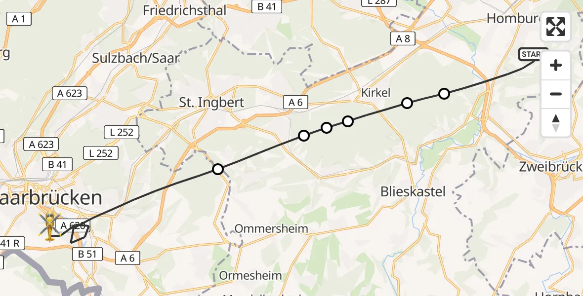 Flugroute Rettungshubschrauber Homburg - Saarbrücken, 30 April 2026, 17:38