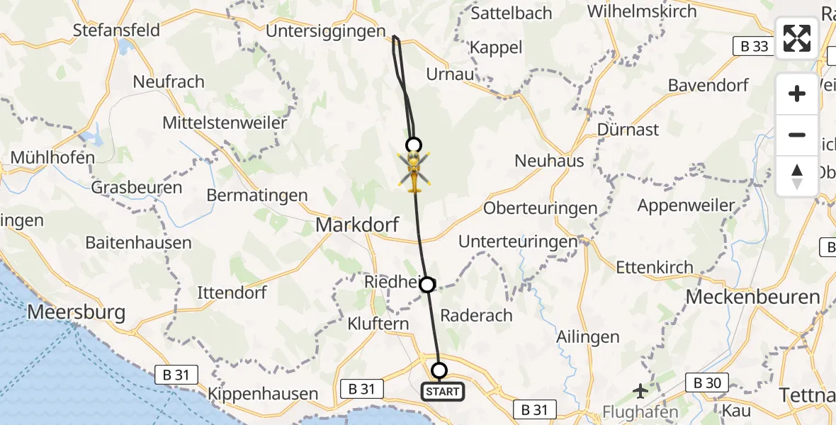 Flugroute Rettungshubschrauber Friedrichshafen Hospital - Markdorf, 30 April 2026, 17:41