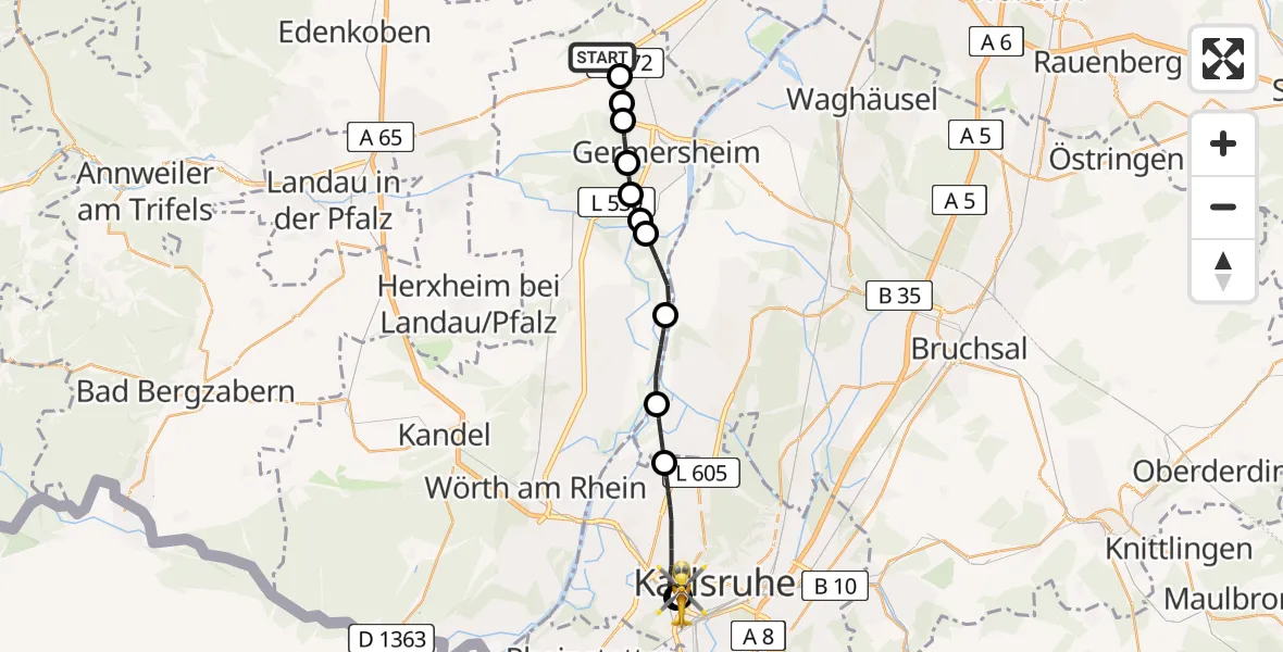 Flugroute Rettungshubschrauber Schwegenheim - Sankt Vincentius Hospital, 30 April 2026, 18:03