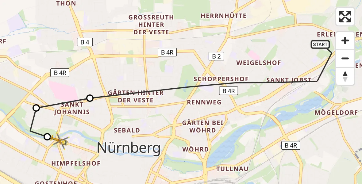 Flugroute Rettungshubschrauber Nürnberg - Deutschherrnwiese Hubschrauberlandeplatz, 30 April 2026, 18:05
