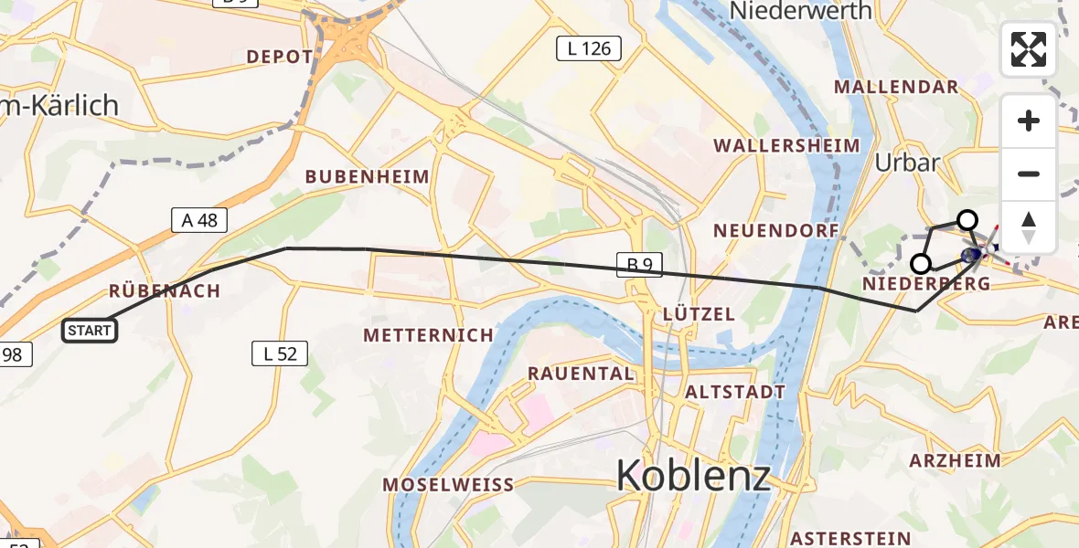 Flugroute Polizeihubschrauber Koblenz - Koblenz, 30 April 2026, 18:08