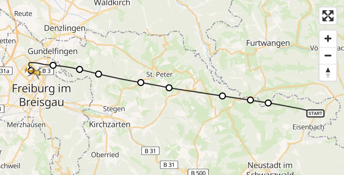 Flugroute Rettungshubschrauber Eisenbach (Hochschwarzwald) - Freiburg im Breisgau Flugplatz, 30 April 2026, 18:10