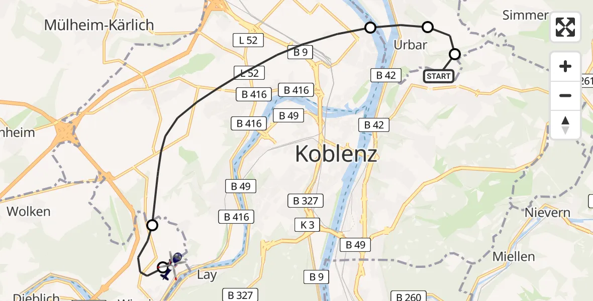 Flugroute Polizeihubschrauber Koblenz - Koblenz-Winningen Flugplatz, 30 April 2026, 18:15