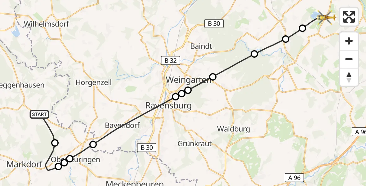Flugroute Rettungshubschrauber Deggenhausertal - Bad Wurzach, 30 April 2026, 18:26