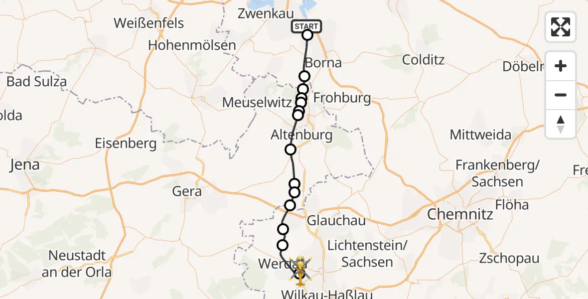 Flugroute Rettungshubschrauber Rötha - ADAC Air Rescue Station Zwickau Hubschrauberlandeplatz, 30 April 2026, 18:29