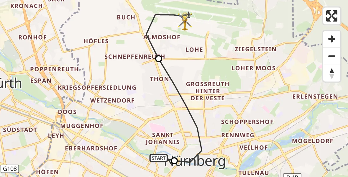Flugroute Rettungshubschrauber Deutschherrnwiese Hubschrauberlandeplatz - Flughafen Nuremberg, 30 April 2026, 18:35