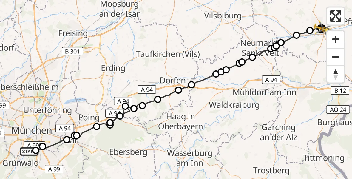 Flugroute Rettungshubschrauber Perlacher Forst - Eggenfelden District Hospital, 30 April 2026, 18:36