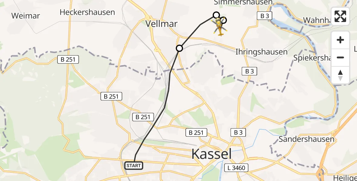 Flugroute Rettungshubschrauber Kassel - Fuldatal Bundespolizei Hubschrauberlandeplatz, 30 April 2026, 18:44