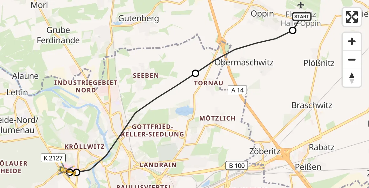 Flugroute Ambulanzhubschrauber Halle-Oppin Flugplatz - Halle (Saale) University Hospital, 30 April 2026, 18:44