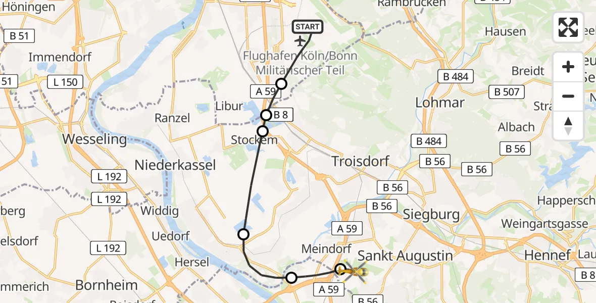 Flugroute Rettungshubschrauber Köln Bonn Flughafen - Sankt Augustin, 30 April 2026, 18:58