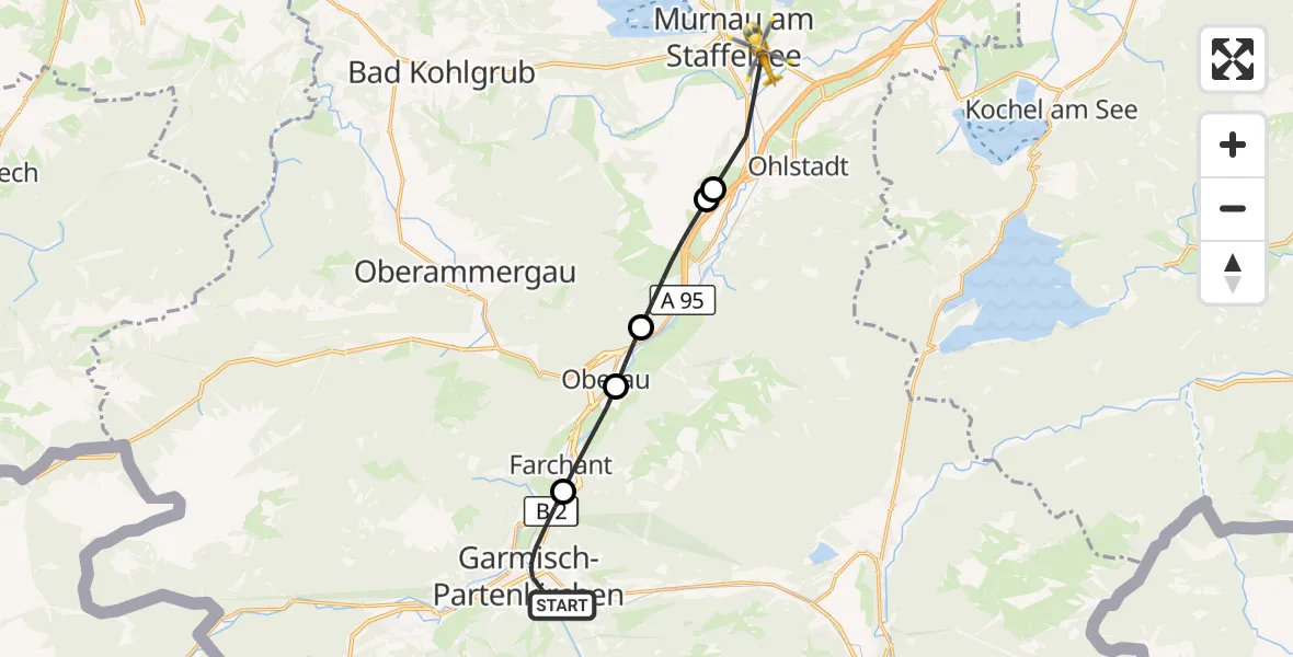 Flugroute Rettungshubschrauber Garmisch-Partenkirchen - Murnau Accident Hospital, 30 April 2026, 18:59