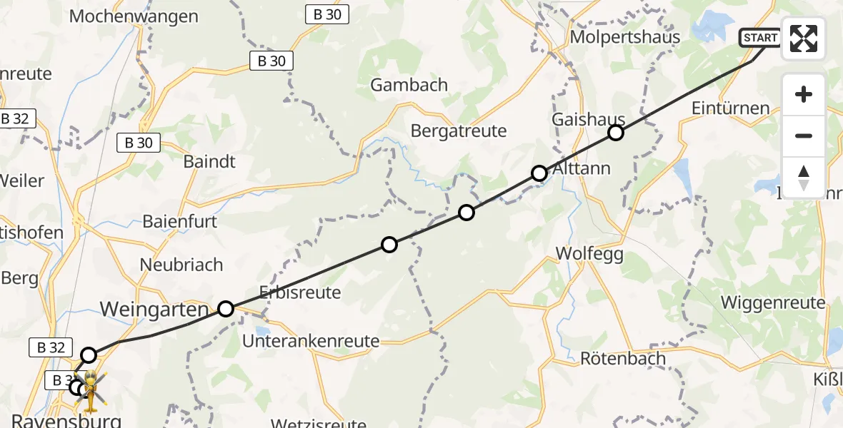 Flugroute Rettungshubschrauber Bad Wurzach - Sankt Elisabeth Hospital, 30 April 2026, 19:03