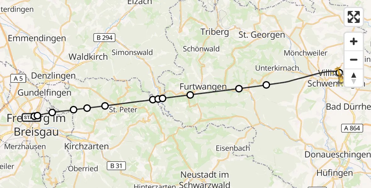 Flugroute Ambulanzhubschrauber Freiburg University Hospital Heliport 1 - DRF Air Rescue Station Villingen-Schwenningen Hubschrauberlandeplatz (Christoph 11), 30 April 2026, 19:09