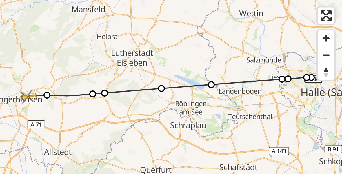 Flugroute Ambulanzhubschrauber Halle (Saale) University Hospital - Sangerhausen, 30 April 2026, 19:15