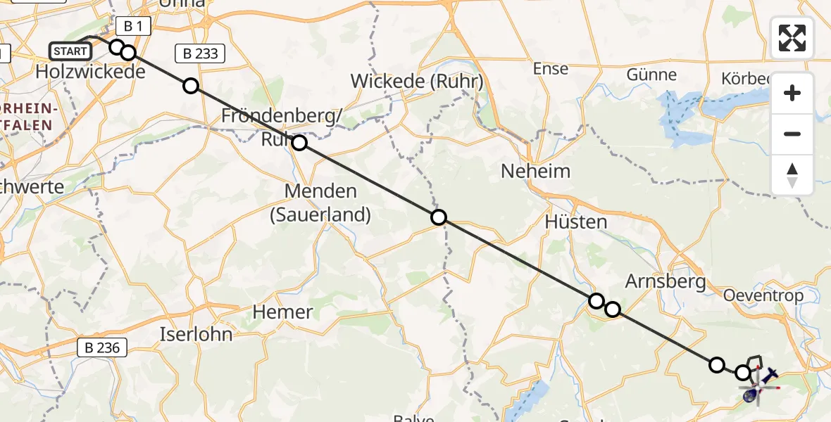 Flugroute Polizeihubschrauber Dortmund Flughafen - Meschede, 30 April 2026, 19:25