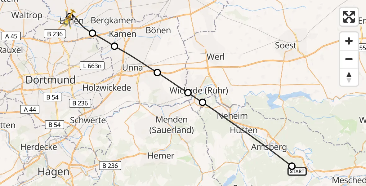 Flugroute Rettungshubschrauber Meschede - Sankt Marien Hospital, 30 April 2026, 19:39