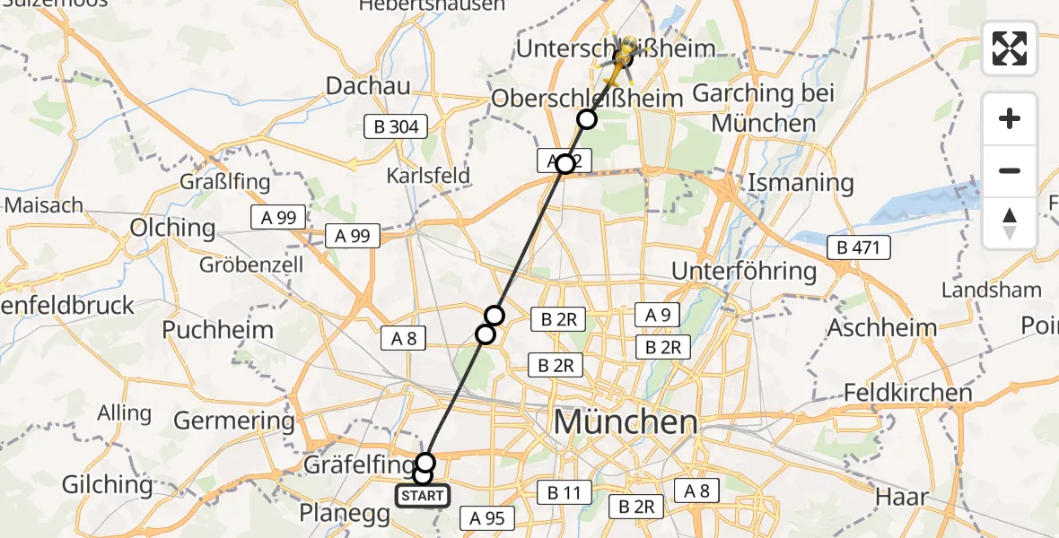 Flugroute Rettungshubschrauber DRF Air Rescue München Hubschrauberlandeplatz - Unterschleißheim, 30 April 2026, 19:42