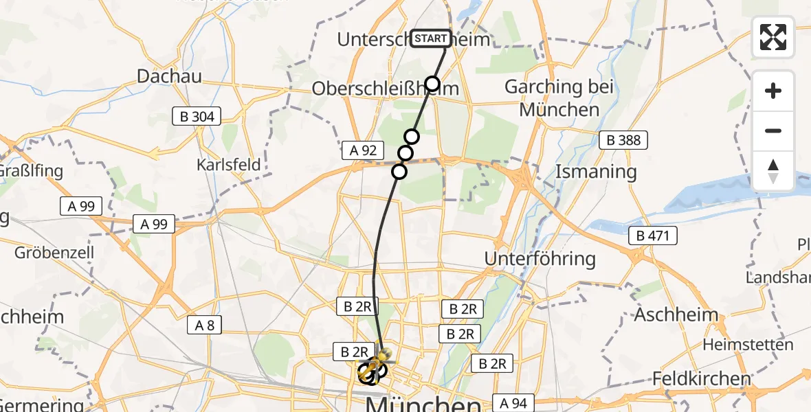 Flugroute Rettungshubschrauber Unterschleißheim - Deutsches Herzzentrum München, 30 April 2026, 20:14