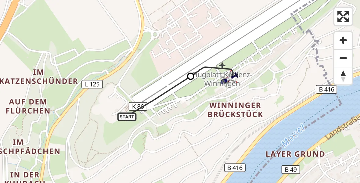 Flugroute Polizeihubschrauber Winningen - Koblenz-Winningen Flugplatz, 30 April 2026, 20:22