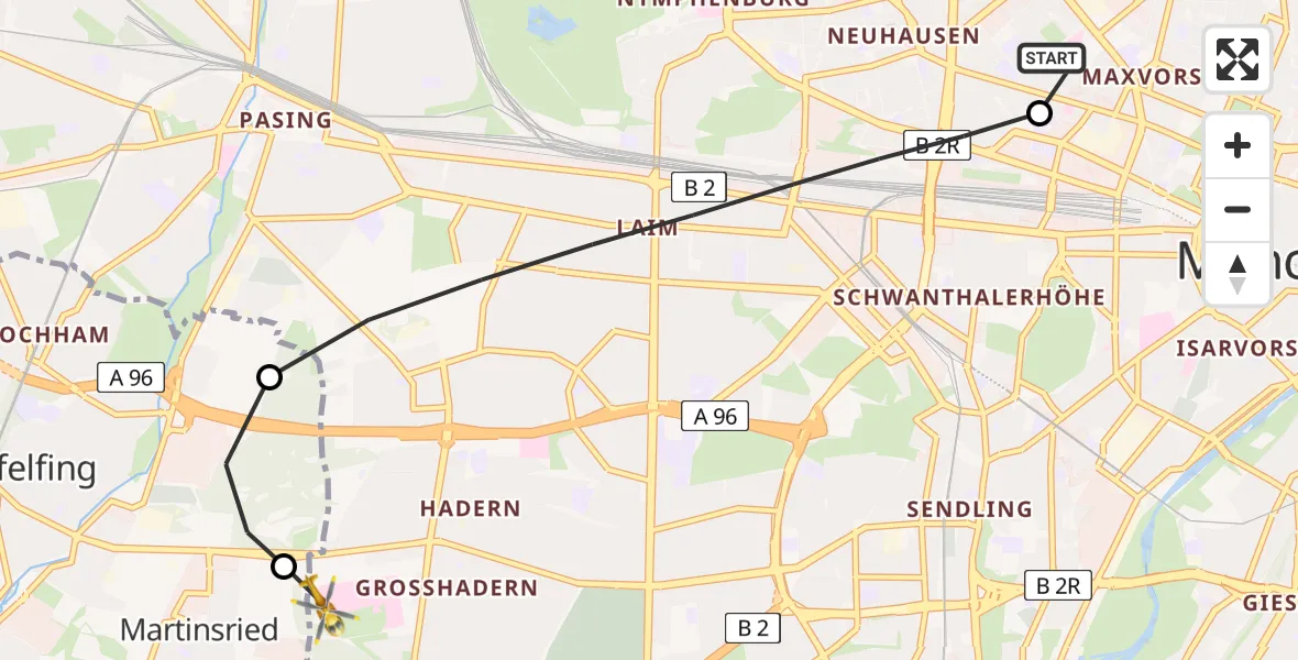 Flugroute Rettungshubschrauber Deutsches Herzzentrum München - DRF Air Rescue München Hubschrauberlandeplatz, 30 April 2026, 20:42