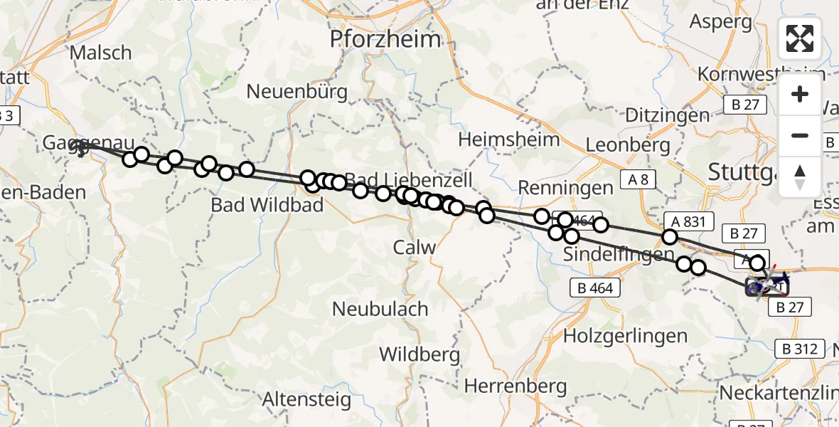 Flugroute Polizeihubschrauber Flughafen Stuttgart - Flughafen Stuttgart, 30 April 2026, 20:45
