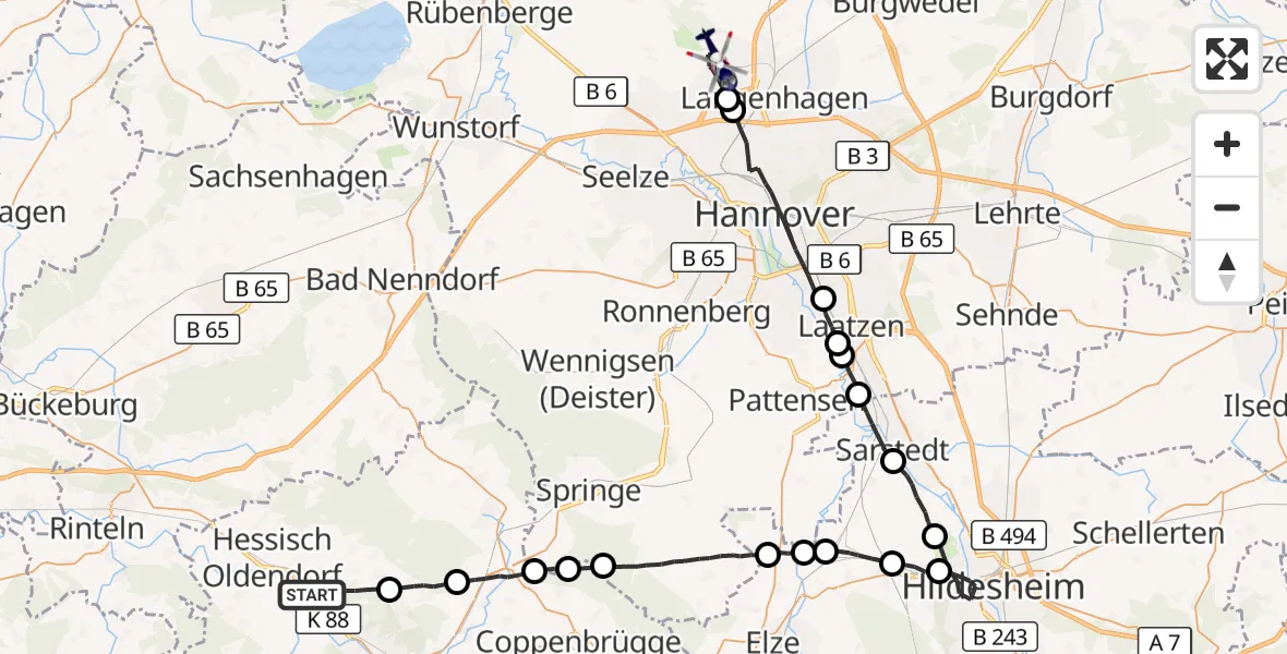 Flugroute Polizeihubschrauber Hessisch Oldendorf - Flughafen Hannover, 30 April 2026, 20:59