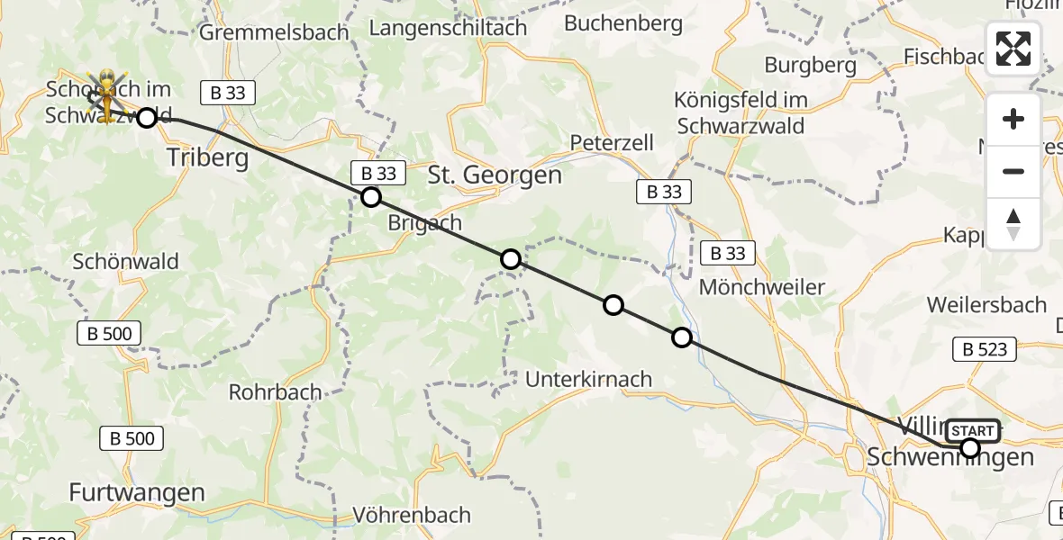 Flugroute Ambulanzhubschrauber DRF Air Rescue Station Villingen-Schwenningen Hubschrauberlandeplatz (Christoph 11) - Schonach im Schwarzwald, 30 April 2026, 22:05