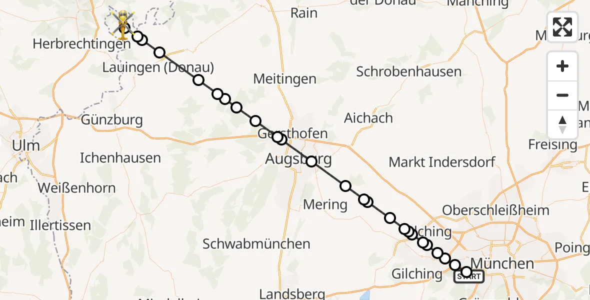 Flugroute Rettungshubschrauber DRF Air Rescue München Hubschrauberlandeplatz - Syrgenstein, 30 April 2026, 22:25