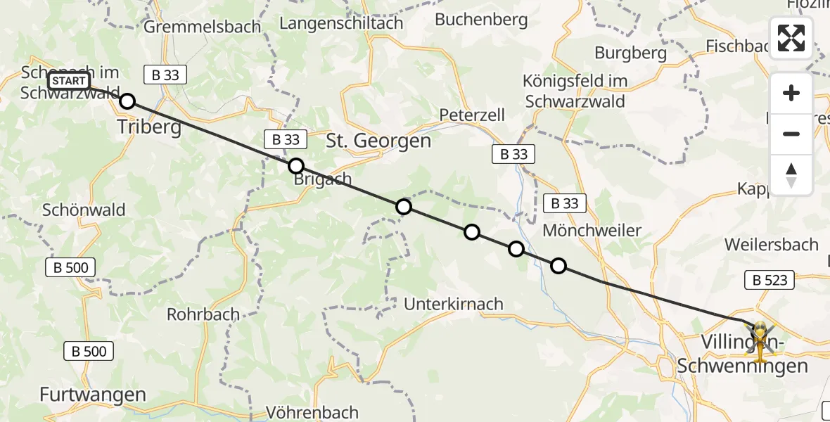 Flugroute Ambulanzhubschrauber Schonach im Schwarzwald - DRF Air Rescue Station Villingen-Schwenningen Hubschrauberlandeplatz (Christoph 11), 30 April 2026, 22:48
