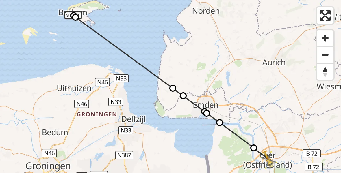 Flugroute Rettungshubschrauber Borkum Island Hospital - Leer (Ostfriesland), 01 Mai 2026, 01:20