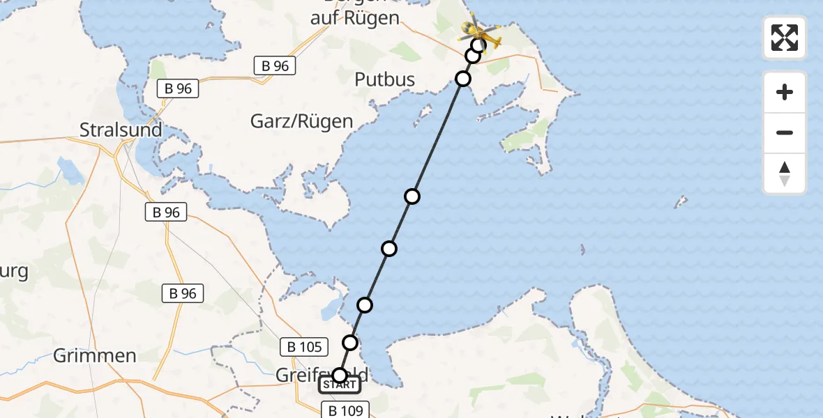 Flugroute Rettungshubschrauber Greifswald Hospital - Binz, 01 Mai 2026, 03:20