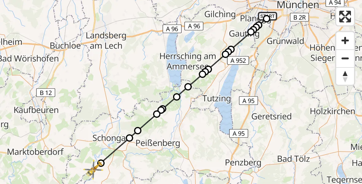 Flugroute Rettungshubschrauber DRF Air Rescue München Hubschrauberlandeplatz - Steingaden, 01 Mai 2026, 03:56