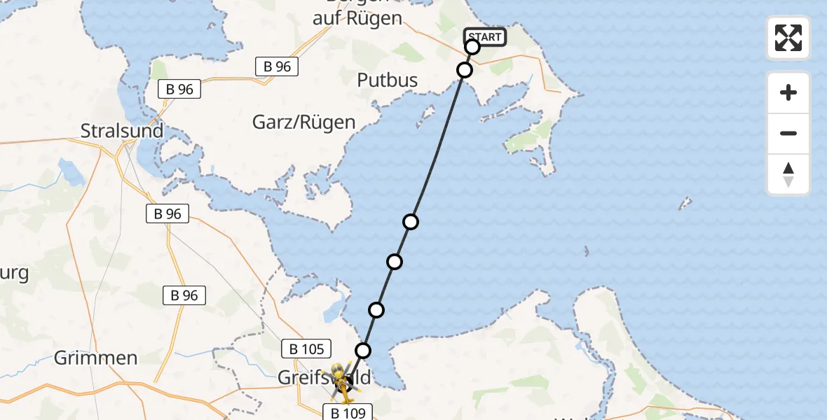 Flugroute Rettungshubschrauber Binz - Greifswald Hospital, 01 Mai 2026, 03:58
