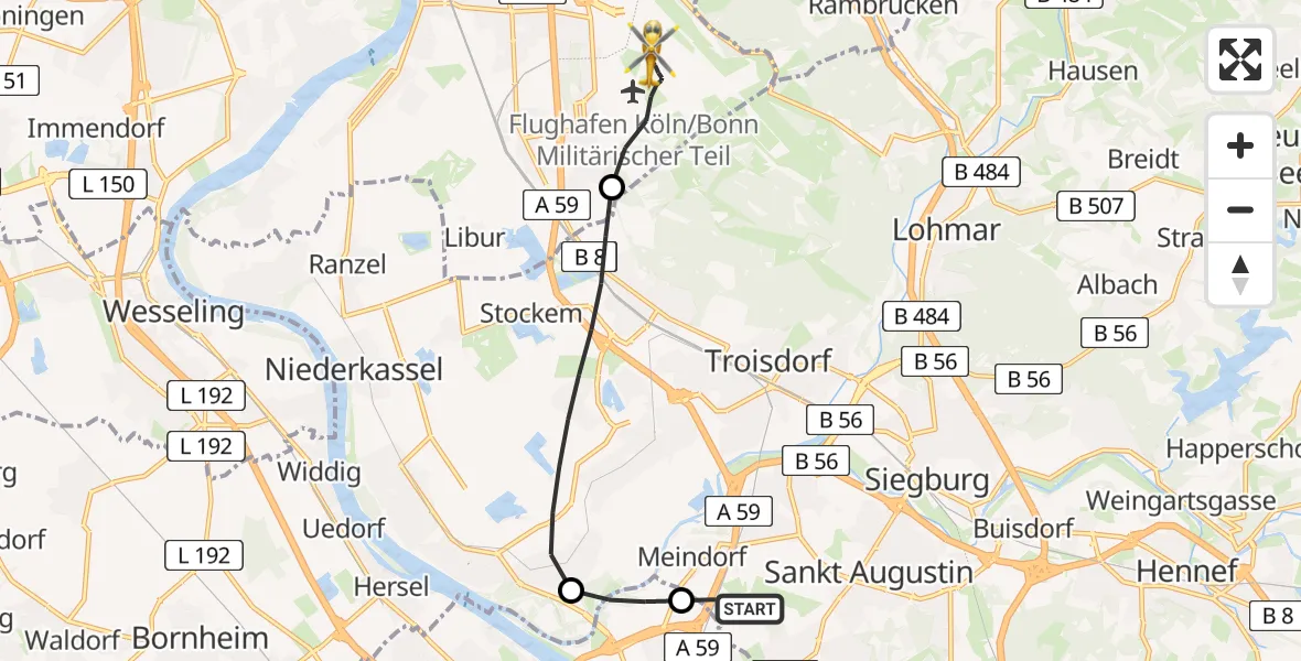 Flugroute Rettungshubschrauber Sankt Augustin - Köln Bonn Flughafen, 01 Mai 2026, 04:35