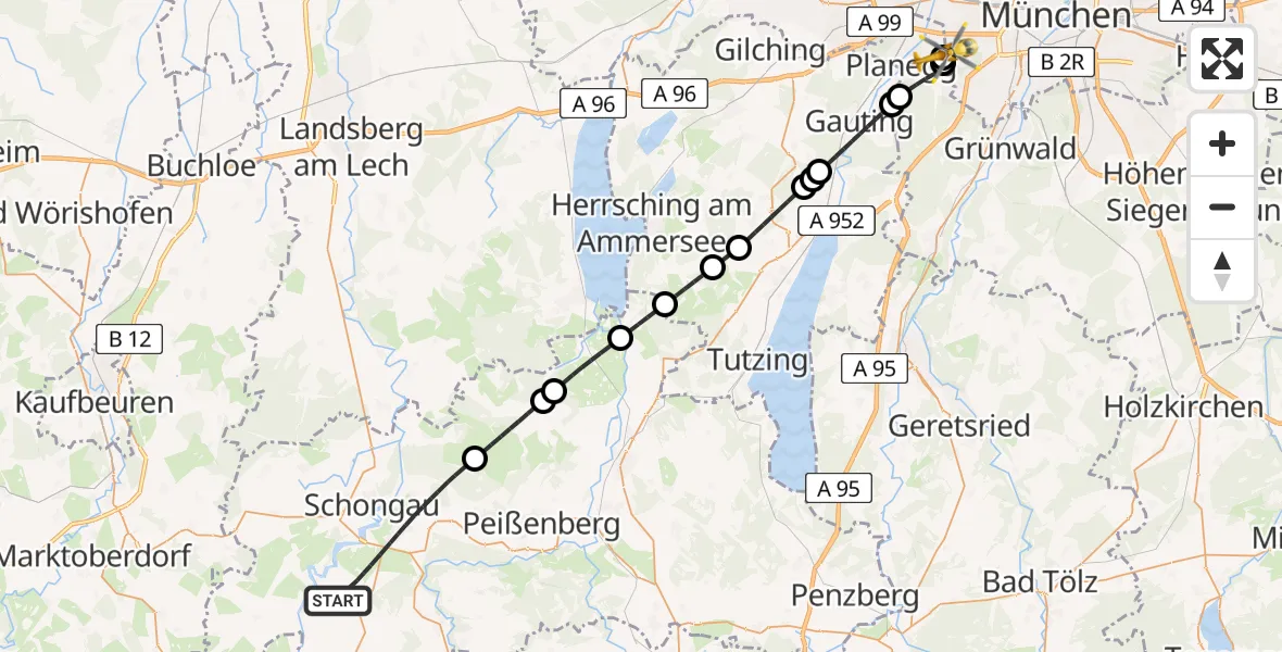 Flugroute Rettungshubschrauber Peiting - DRF Air Rescue München Hubschrauberlandeplatz, 01 Mai 2026, 04:54