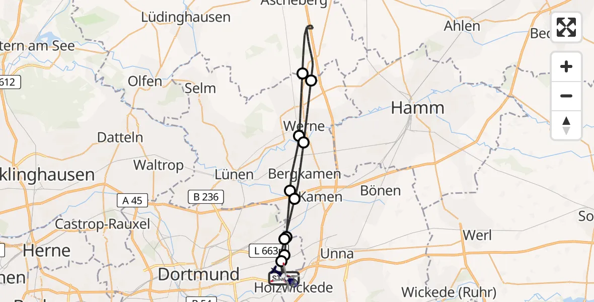 Flugroute Polizeihubschrauber Dortmund Flughafen - Dortmund Flughafen, 01 Mai 2026, 05:47