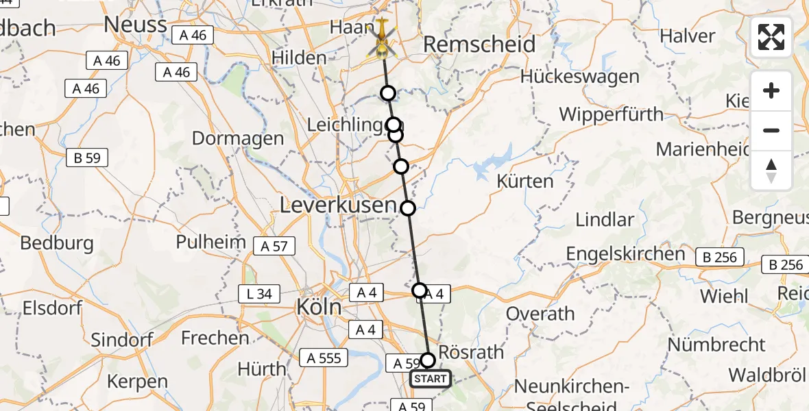 Flugroute Rettungshubschrauber Köln Bonn Flughafen - Solingen, 01 Mai 2026, 05:54