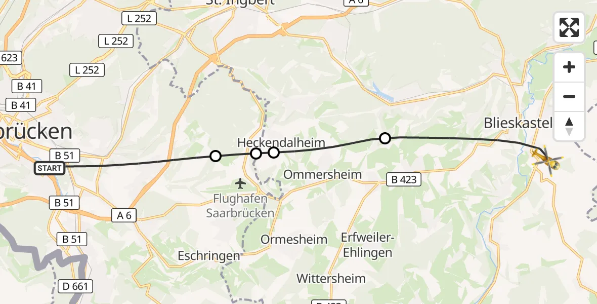 Flugroute Rettungshubschrauber Saarbrücken - Blieskastel, 01 Mai 2026, 06:08