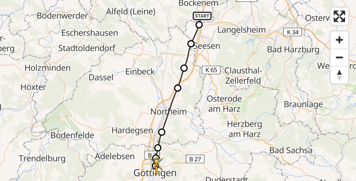 Flugroute Rettungshubschrauber Bockenem - Göttingen University Clinic Hubschrauberlandeplatz, 01 Mai 2026, 06:11