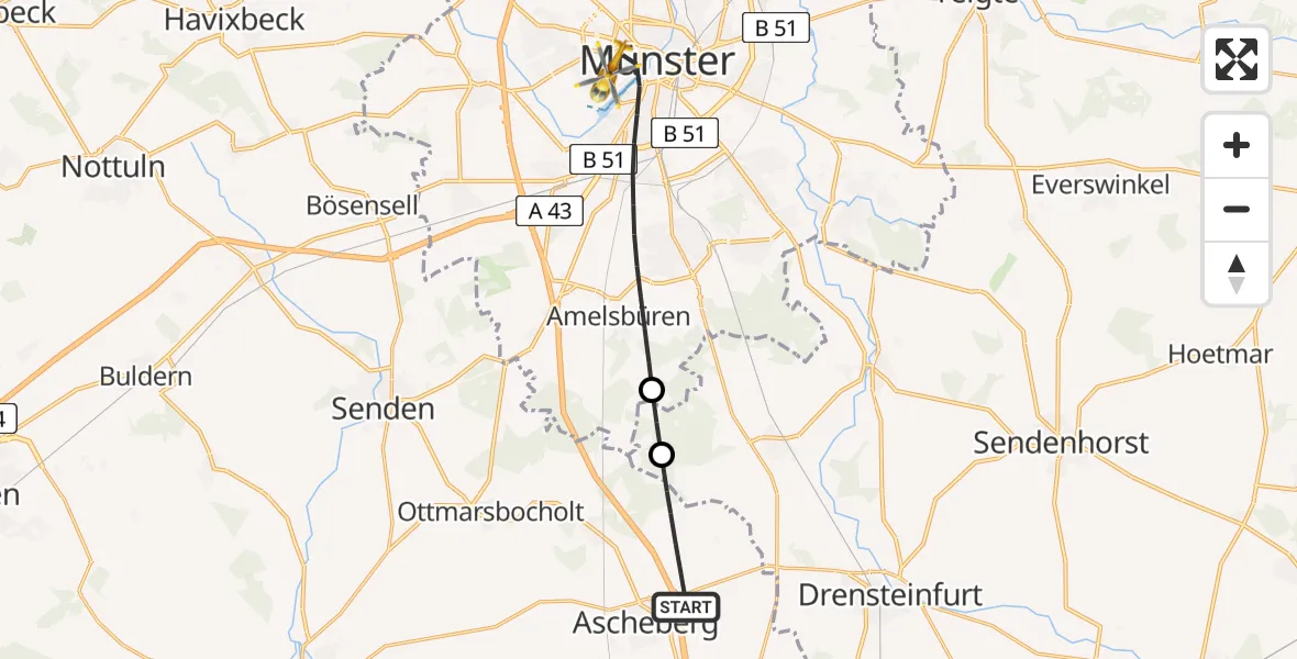 Flugroute Rettungshubschrauber Ascheberg - Münster, 01 Mai 2026, 06:24