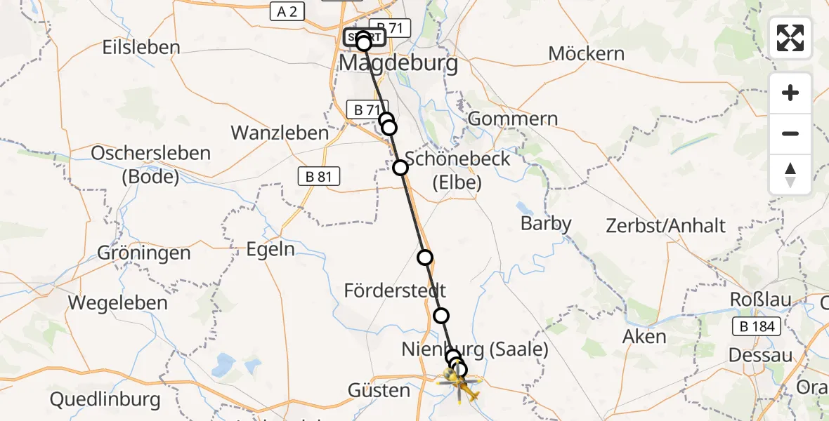 Flugroute Rettungshubschrauber Magdeburg Hospital - Bernburg (Saale), 01 Mai 2026, 07:00