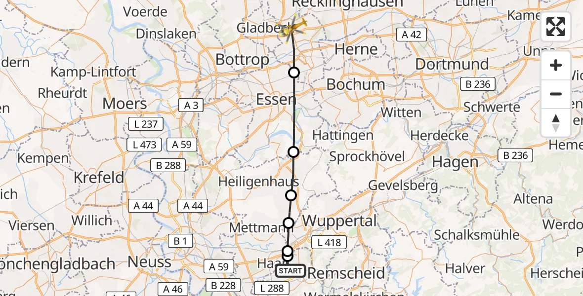 Flugroute Rettungshubschrauber Solingen - Gelsenkirchen, 01 Mai 2026, 07:01