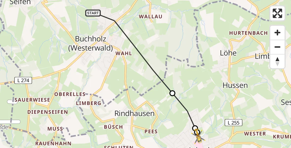 Flugroute Rettungshubschrauber Buchholz (Westerwald) - DRK Kamillus Hospital Asbach, 01 Mai 2026, 07:07