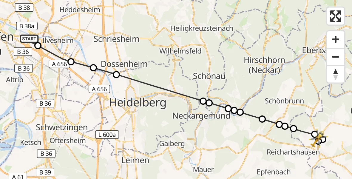 Flugroute Rettungshubschrauber Mannheim-City Flughafen - Schwarzach, 01 Mai 2026, 07:12