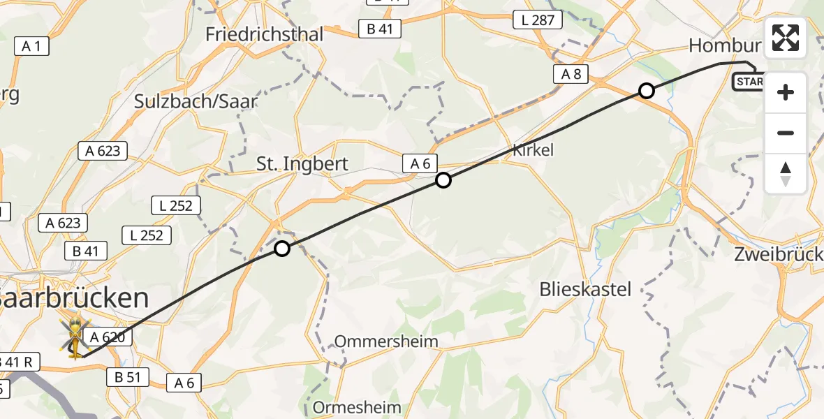 Flugroute Rettungshubschrauber Homburg - Saarbrücken, 01 Mai 2026, 07:13