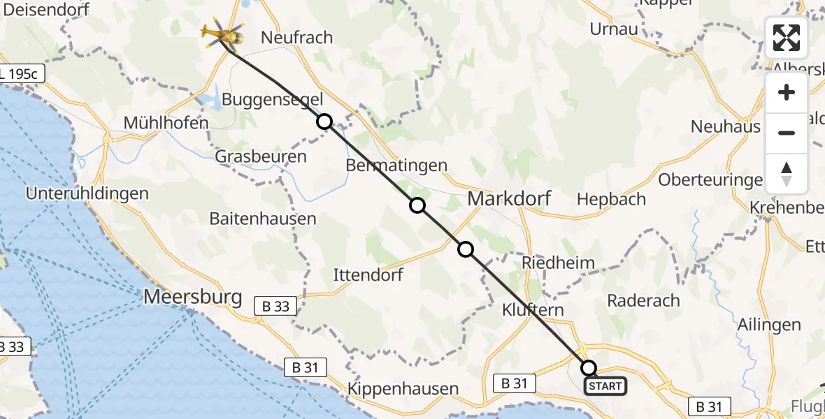 Flugroute Rettungshubschrauber Friedrichshafen Hospital - Salem, 01 Mai 2026, 07:22